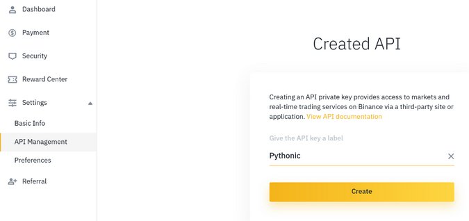 Creating an API key in Binance