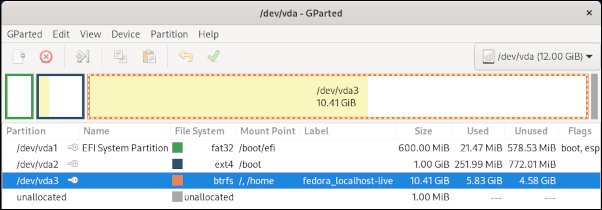 GParted's view of Btrfs on Fedora 33 Workstation using GParted