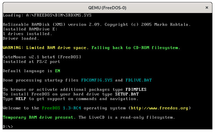 Booting the FreeDOS 1.3 RC4 LiveCD on QEMU