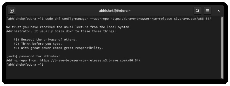 Adding Brave Browser repository in Fedora Linux