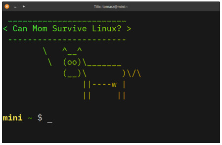 Cowsay "Can Mom Survive Linux?"