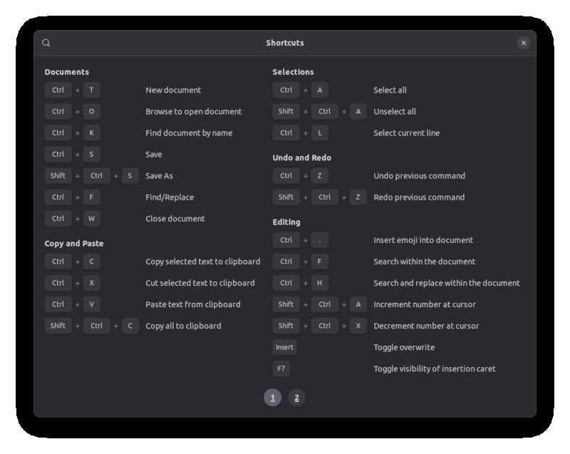 Keyboard shortcuts in Text Editor