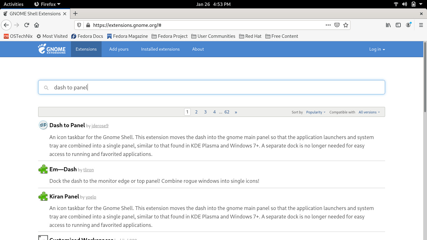 Search for Dash to panel extension in Gnome extensions site