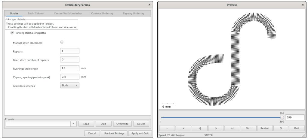 Parameter setting dialogue and on the right the Fedora logo shape embroidered as Zig-Zag line