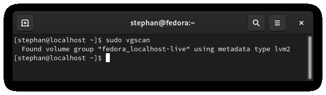 Checking LVM volume group by typing vgscan: