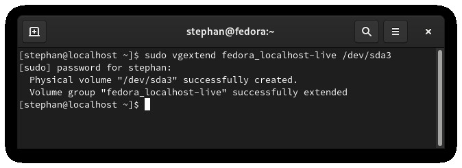 vgextend command output