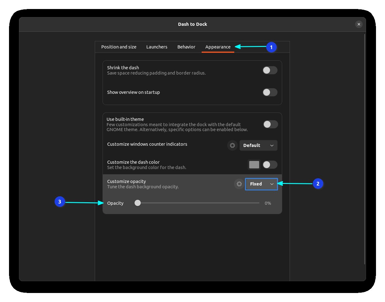 opacity setting for dash to dock